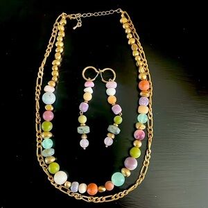 Necklace and Earring Set Chunky Multicolor Beaded and Faux‎ Gold Chain Link